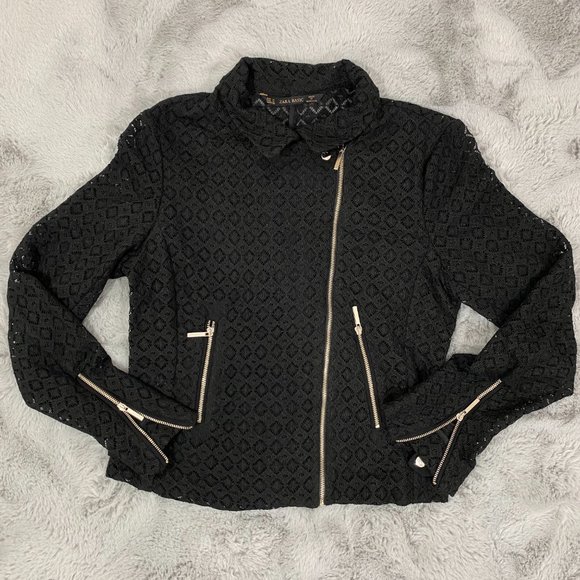 ZARA Mesh Lace Asymmetric Zipper Moto Jacket Black - Picture 3 of 7